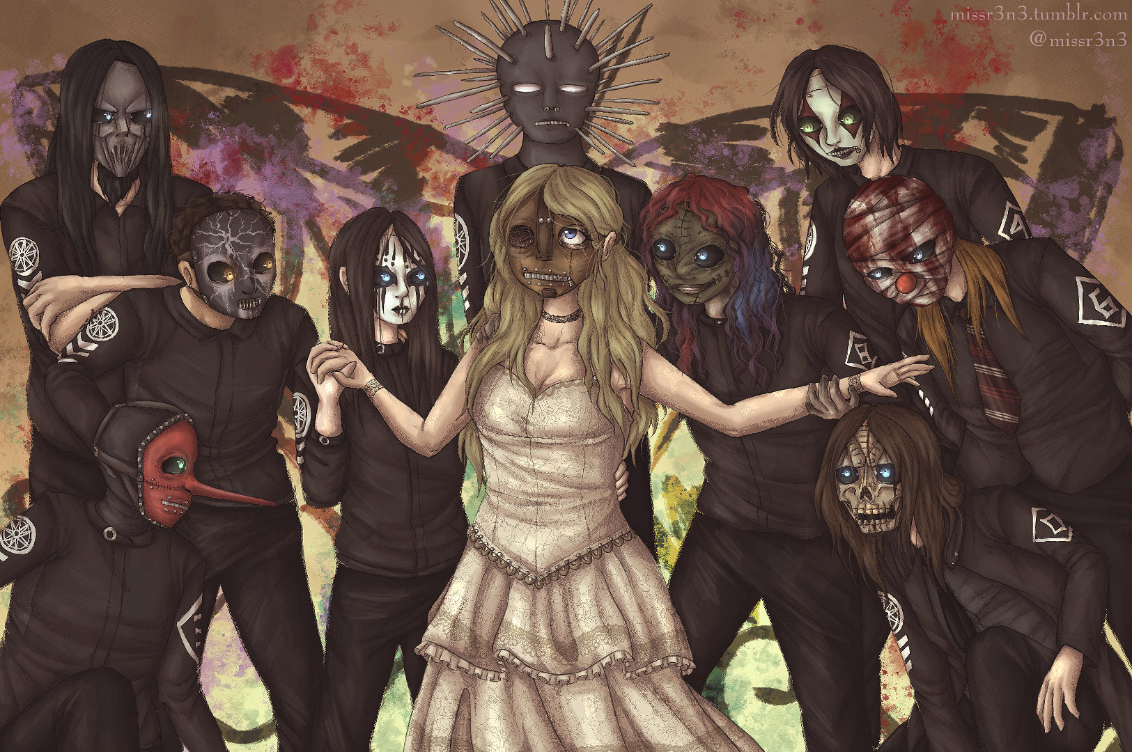 a drawing of the original lineup of slipknot in their volume 3 masks surrounding the girl from the vermillion music video